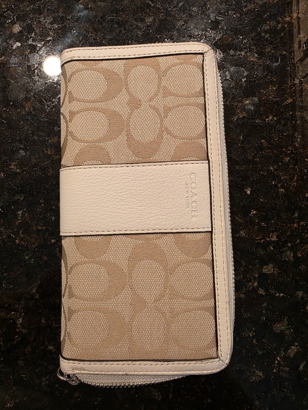 Coach Beige Signature Zip-Around Wallet with Chalk Trim